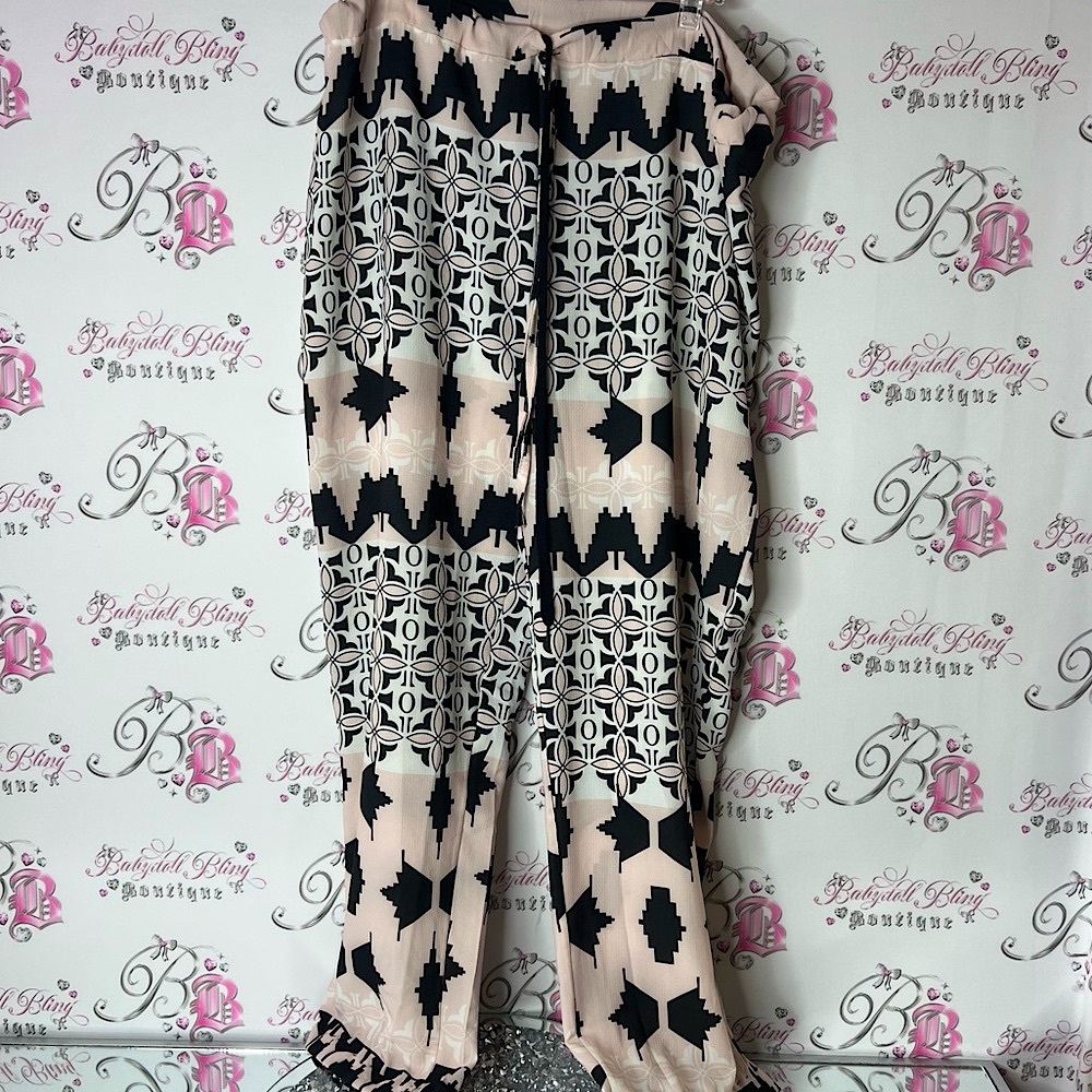 Milan kiss pants wide leg flare Elegant Black and Cream Patterned boho